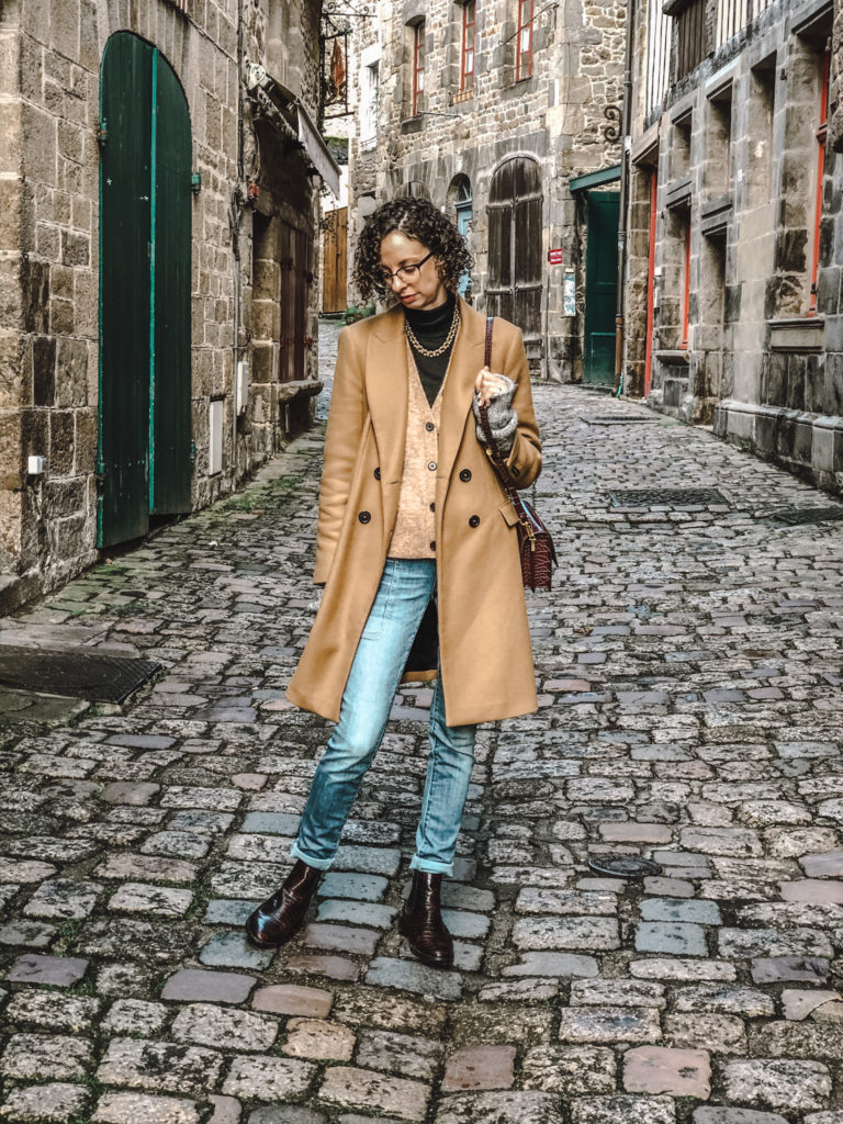 camel coat layers outfit